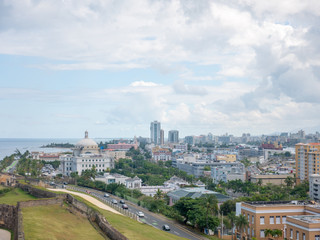 Fototapeta na wymiar Panoramic View of the cityscape of San Juan in Puerto Rico, viewed from the San Cristobal Castle