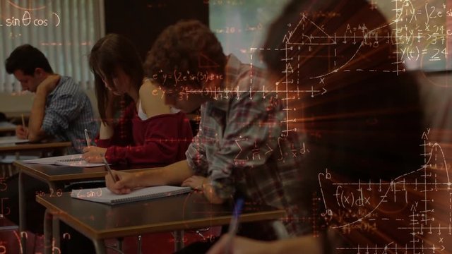 Digital animation of students working with mathematics foreground 