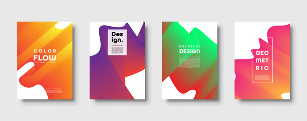 Abstract trendy geometric background with liquid gradient. Colorful blue, red, yellow and green dynamic curve wave. Modern motion banner set. Vector illustration.