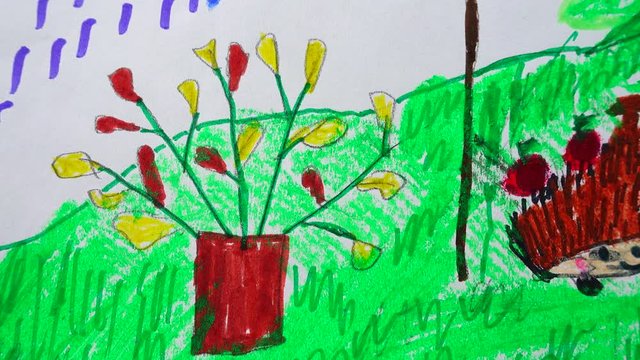 The drawing of animals in the forest.