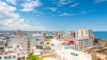 Panoramic View of the cityscape of Old San Juan in Puerto Rico, viewed from the San Cristobal Castle