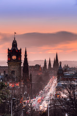 Fototapeta na wymiar View to evening Princes Street from Calton hill in Edinburgh, Scotland