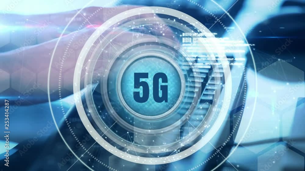 Poster animation of 5g with people using computer on the background
