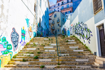 LISBON, PORTUGAL, 15 AUGUST 2018:: Stairs in the streets of Alfama district