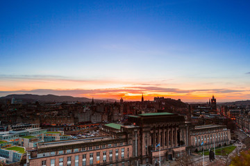 Fototapeta premium Picturesque view over evening Edinburgh old town with the Castle from Calton hill, Scotland