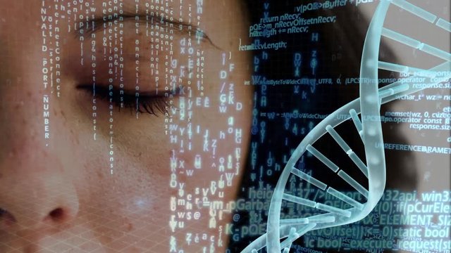 Spinning DNA against digital codes and woman face