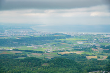 Aerial view Date cityscape from the South rim lookout of  Mount Usu