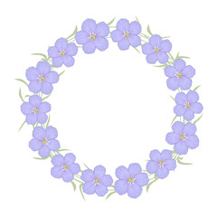 Floral wreath on a white background. Floral round frame from purple flax flowers. Greeting card template. Vector illustration.