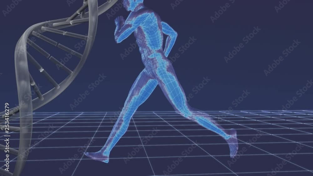 Poster digital man running on a cyberspace with a dna helix on the background
