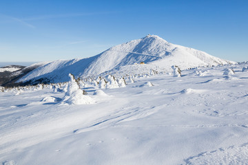 Fototapeta na wymiar View to the highest mountain of the Krkonose (Czech Republic) in winter