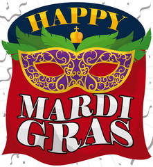 Mask with Feathers and Waving Fabric to Celebrate Mardi Gras, Vector Illustration