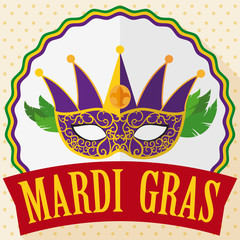 Feathered Mask, Button and Ribbon to Celebrate Mardi Gras, Vector Illustration