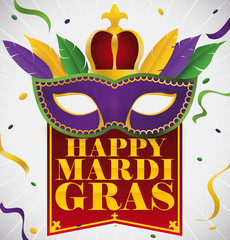 Fototapeta na wymiar Mask with Feathers, Crown and Festive Fabric for Mardi Gras, Vector Illustration