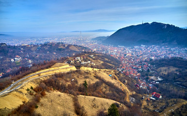 Panoramic view of the old town  in the winter time, Aerial cityscape of Brasov city, Transylvania landmark in Brasov, Romania
