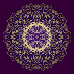 Design Floral Mandala Ornament. Vector Illustration. For Coloring Book, Greeting Card, Invitation, Tattoo. Anti-Stress Therapy Pattern. Luxury purple gold color