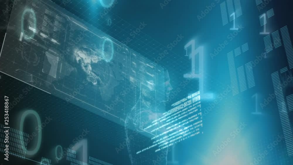 Poster digital body rotating with data on the background and on the foreground