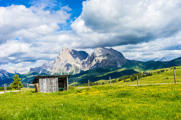 Italy, Alpe di Siusi, Seiser Alm with Sassolungo Langkofel Dolomite, an old barn in a field