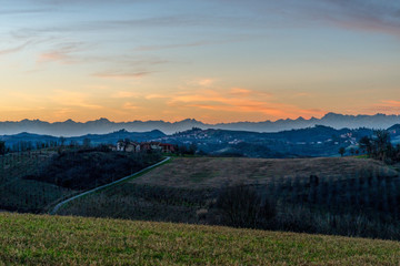 Sunset on the hills of Montferrat during winter