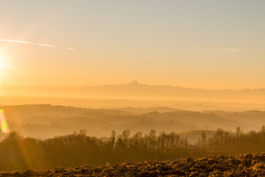 Sunset on the hills of Montferrat during winter