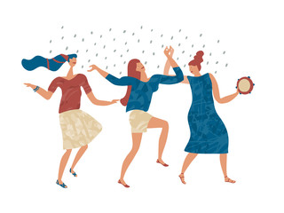 Dancing women welcome the rain. Hand drawn vector illustration in flat colors on white background.