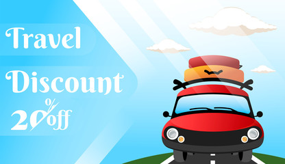 Tourist promo banner with discounts on tours. Can be used for web banners, maps, business cards, booklets, leaflets. Vector graphics esp-10.