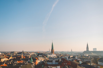 February 18, 2019. Denmark Copenhagen. Panoramic top view of the city center from a high point....