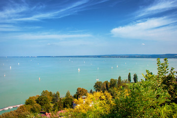 Lake Balaton with sailboats from Tihany village in Hungary