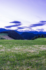 Alpe di Siusi, Seiser Alm with Sassolungo Langkofel Dolomite, a large green field with trees in the background