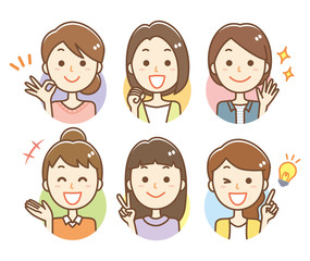 女性　元気　笑顔　表情セット