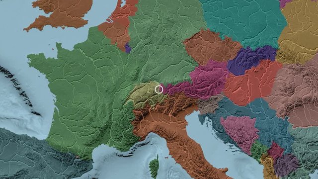 Liechtenstein area presented against the global administrative map in the Fahey projection with animated oblique transformation