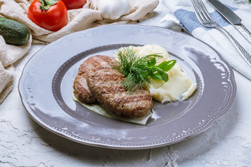 Homemade beef cutlets with mashed potatoes