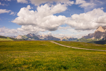 Alpe di Siusi, Seiser Alm with Sassolungo Langkofel Dolomite, a large green field with clouds in the sky