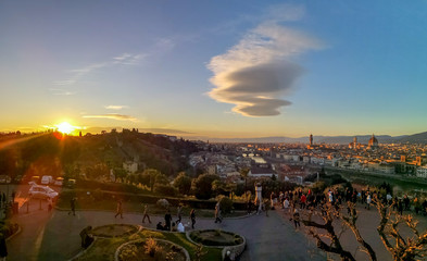 florence,tuscany/Italy 24 february 2019 :sunset in florence ,shot made from michelangelo square,the...
