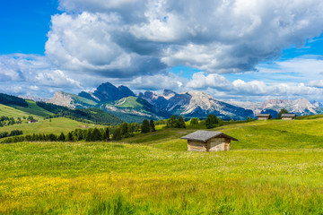 Fototapeta premium Italy, Alpe di Siusi, Seiser Alm with Sassolungo Langkofel Dolomite, an old barn in a field