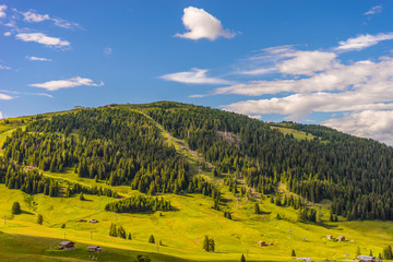 Obraz premium Alpe di Siusi, Seiser Alm with Sassolungo Langkofel Dolomite, a close up of a lush green field in a valley canyon