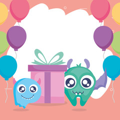 crazy monsters with gift and balloons helium