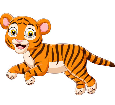 Cartoon jumping baby tiger isolated on white background