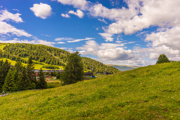 Obraz premium Alpe di Siusi, Seiser Alm with Sassolungo Langkofel Dolomite, a large green field with trees in the background