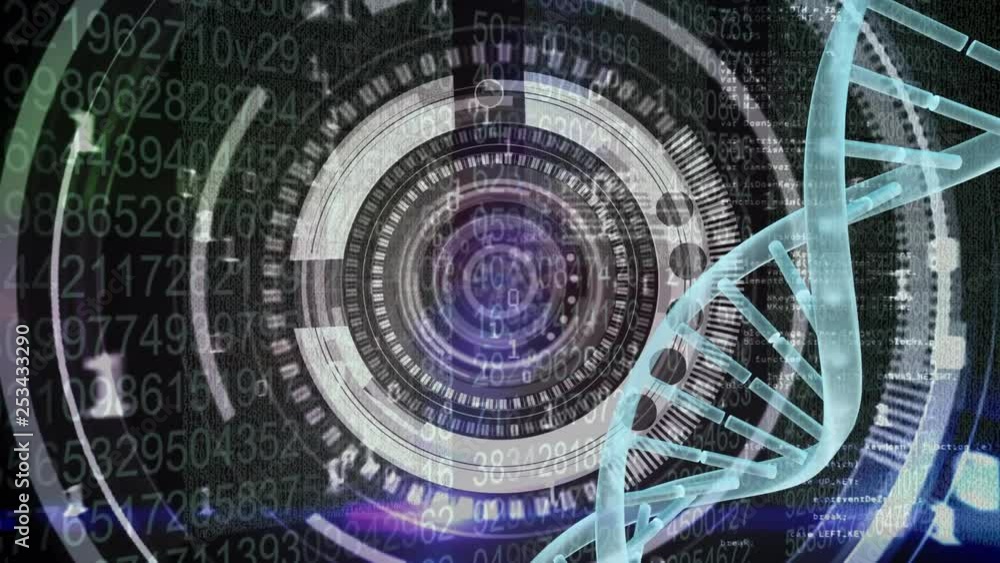 Poster binary code coming towards on the screen with dna helix