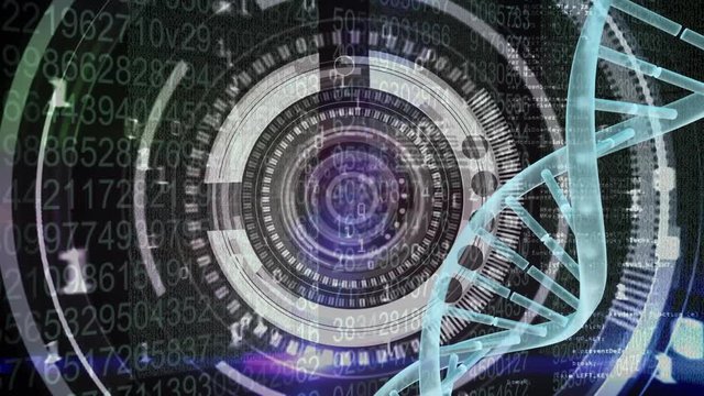 Binary code coming towards on the screen with DNA helix 