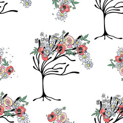 Vector hand drawn seamless pattern, graphic illustration of tree with flowers, leaves, branch Sketch drawing, doodle style. Artistic abstract, watercolor silhouette wirh rose, poppy, dandelion, leaf.