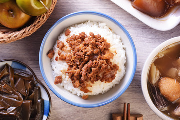Braised pork rice. Soy-stewed pork rice. Taiwanese Cuisine.