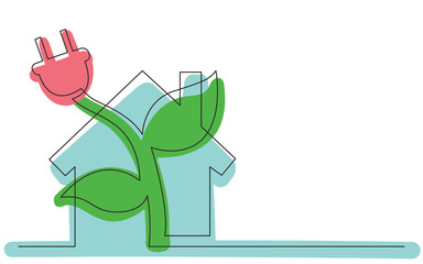 continuous line concept sketch drawing of electical renewal energy plug house plant