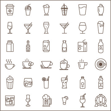Set of drink and beverage related vector line icons.  Contains such Icons as coffee, ice coffee, wine, beer, juice, milk, tea, soda and more.  customize color, stroke width control  , easy resize.