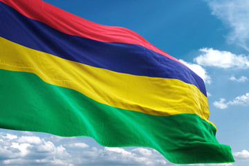 Mauritius flag waving sky background 3D illustration