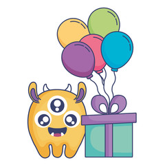 crazy monster with gift and balloons helium character