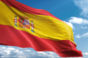 Spain flag waving sky background 3D illustration