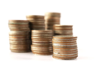 rows of coins isolated on white background for business and Finance concept