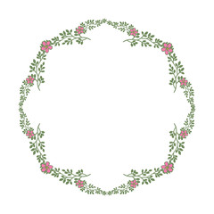 Vector illustration pink flower with leaves arranged in frame hand drawn