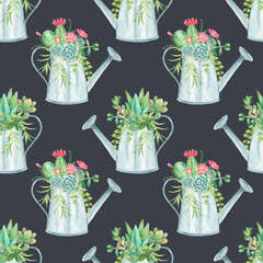 Watercolor seamless pattern with flowers, succulents, cacti. Texture for packaging, wallpaper, scrapbooking, fabrics, textiles, kitchen and garden design.